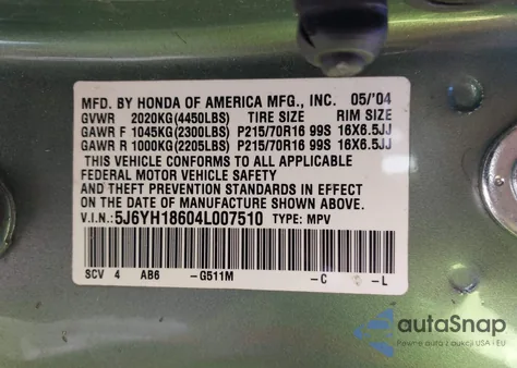 2004 Honda Element Ex из США, поврежденный, VIN 5J6YH18604L007510